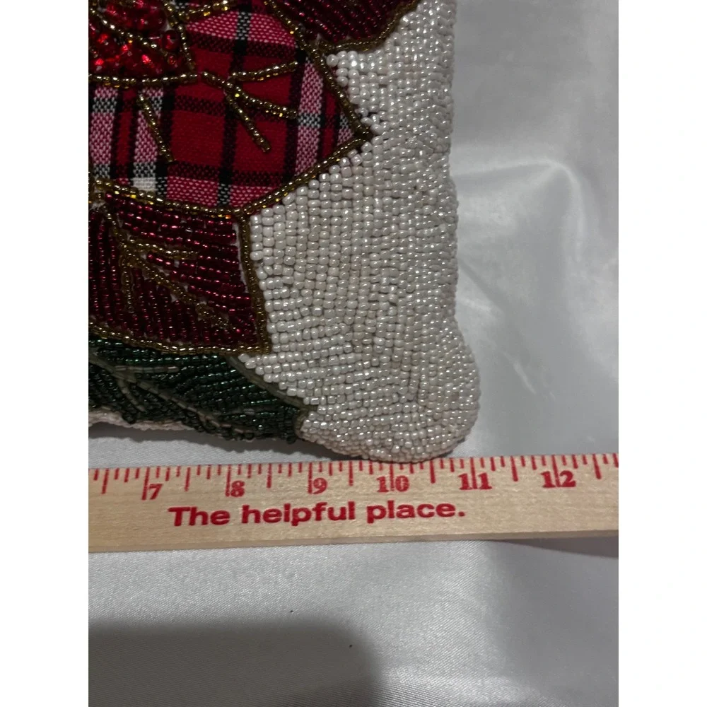 Beaded Poinsettia Plaid Christmas Decor Pillow Red Green Ivory 11